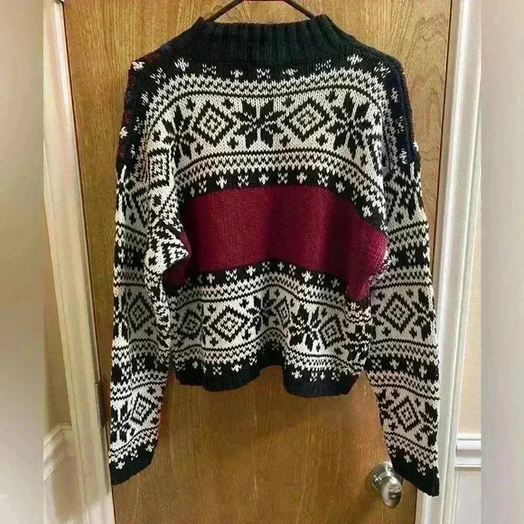 Vintage Black White Maroon Floral Rose Abstract Print Cotton Cropped Sweater M - Picture 3 of 13